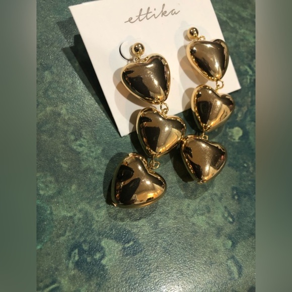 Gold plated‎ puffy heart shaped dangling earrings new - Picture 1 of 9